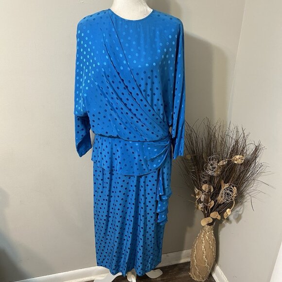 Vtg 80s Louis Feraud Dress Blue Polka Dot Silk Midi Long Sleeves Faux Wrap Sz 14 - Picture 1 of 12